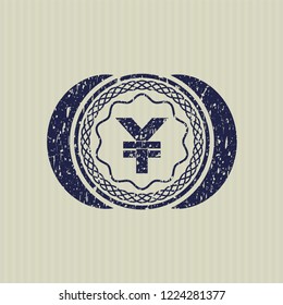 Blue yuan icon inside distressed rubber grunge stamp