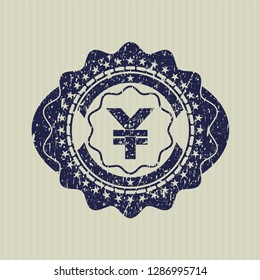 Blue yuan icon inside rubber grunge texture seal
