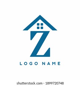 Blue Z initial letter with house sign for real estate logo template for business branding