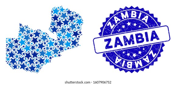 Blue Zambia map mosaic of stars, and distress round stamp seal. Abstract territorial scheme in blue shades. Vector Zambia map is created of blue stars. Designed for political and patriotic promotion.