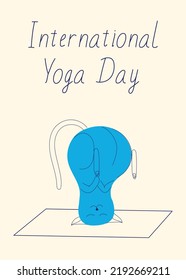 Blue Zen Cat doing yoga. Cat in line art with blue spot. International yoga day