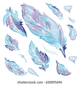 Blue Zentangle Feathers Set | Vector creative sketch ornamental design elements in indigo color with transparent watercolor effect