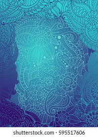 Blue zentangle postcard background with floral borders. Vector doodle art
