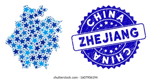 Blue Zhejiang Province map collage of stars, and scratched rounded stamp seal. Abstract territory plan in blue color tinges. Vector Zhejiang Province map is designed of blue stars.