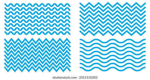 Blue zig zag wave line vector set illustration on white background.