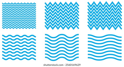 Blue zig zag wave line vector set illustration on white background. Doodle zig zag seamless pattern. 