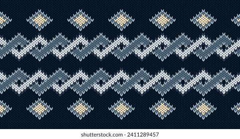 Blue zigzag and geomatric knitted pattern, Festive Sweater Design. Seamless Knitted Pattern