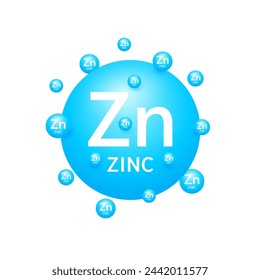 Minerales de zinc azul sobre fondo blanco. Nutrientes naturales y vitaminas esenciales para ayudar al cuerpo a reparar los órganos dañados. Para la publicidad de suplementos médicos de diseño. Vector 3D EPS10.