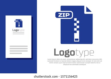 Blue ZIP file document. Download zip button icon isolated on white background. ZIP file symbol. Logo design template element. Vector Illustration