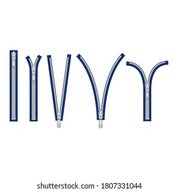 Blue Zippers Various Types Shapes Icon Set Metallic Zip Closed and Open View. Vector illustration of Tailor Accessories