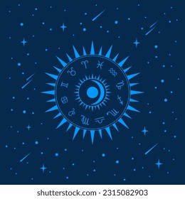 Blue zodiac circle on a dark starry space background. Vector illustration