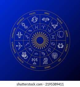 Blue Zodiac Circle. Vector Thin Outline Symbols.