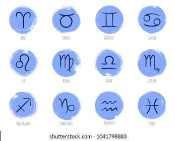 Blue zodiac symbols vector set, collection of hand painted astrology signs. Aries, Taurus, Gemini, Cancer, Leo, Virgo, Libra, Scorpio, Sagittarius, Capricorn, Aquarius, Pisces icons isolated on white.