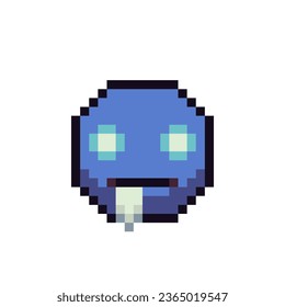 Cara zombie azul con ojos muertos con ícono de arte de píxel goteando saliva icono de caricatura emoticono de halloween. estilo de 8 bits. La emoción del lenguaje. Estilo plano. Ilustración vectorial abstracta aislada.