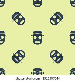 Blue Zombie mask icon isolated seamless pattern on yellow background. Happy Halloween party.  Vector Illustration