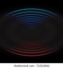 Bluea nd red sound wave on black background. spherical acoustic acoustic wave. vector