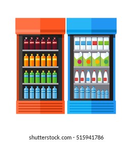 Bluea and orange showcases refrigerators for cooling drinks in bottles. Different colored bottles in drinks fridges. Fridge dispenser cooling machine. Isolated objects in flat design on white