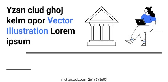 A blue-accented design featuring a woman sitting with a laptop and a classical Greek building. Ideal for educational content, technology integration, modern versus ancient, learning resources, online