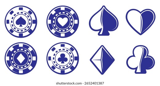 As fichas de pôquer em estilo azul e branco e suas variedades apresentam os símbolos clássicos de corações, espadas, diamantes e paus em um fundo branco limpo.