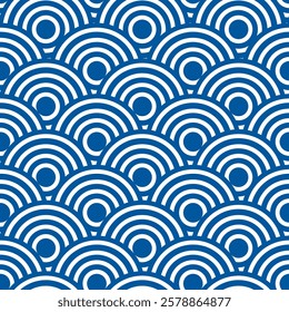 A blue-and-white wave pattern inspired by the traditional Japanese seigaiha pattern symbolizes waves of good fortune, harmony and resilience. Ideal for textiles, wallpaper and graphic design. 