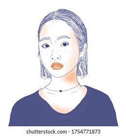 Blue-based illustration along with orange shadow of a short-hair girl, showing no particular expression on her face.