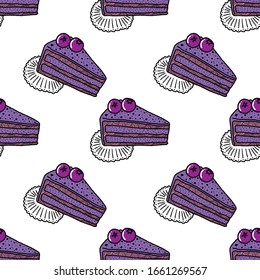 Bluebeery cheese cake seamless pattern background.Repeating dessert hand drawing.Isolated vector illustration