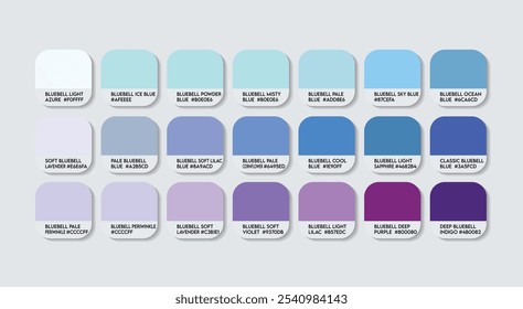 Paleta de colores de Bluebell, Paleta de guía de colores de flores de Bluebell con nombres de colores. Muestras de Catálogo de códigos HEX RGB púrpura. variaciones de índigo Bluebell naturales, paleta de colores de flores de Bluebell de moda