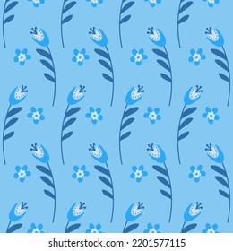 Bluebell flower on blue background seamless pattern, campanula flower blossom, vector illustration