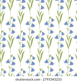 Bluebell flower seamless pattern, vector blue campanula, wildflower stems with green leaves.