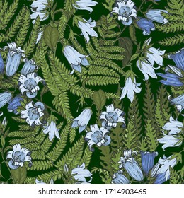 Bluebell flowers and fern leaves on a dark green background, seamless vector illustration