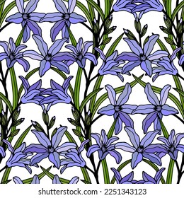 Flores azules sin fisuras. Ilustración de material vectorial eps10. Dibujado a mano.