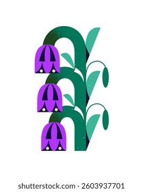 Bluebell with geometric shape leaves, buds. Modern wildflower with purple petals. Abstract bloom garden plant, meadow flower. Floral decoration. Flat isolated vector illustration on white background