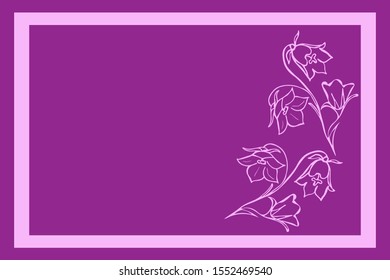 Bluebells flowers on a purple background in a pink frame. Hand-drawn. Soft color. Vector illustration Suitable for banner, postcard, design.