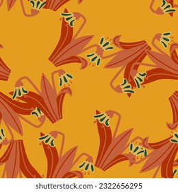 Bluebells and leaves seamless pattern. Lily botanical wallpaper. Vintage spring floral for textile print, wrapping paper, cover. Summer garden design. Vector illustration