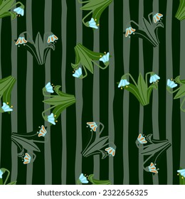Bluebells and leaves seamless pattern. Lily botanical wallpaper. Vintage spring floral for textile print, wrapping paper, cover. Summer garden design. Vector illustration