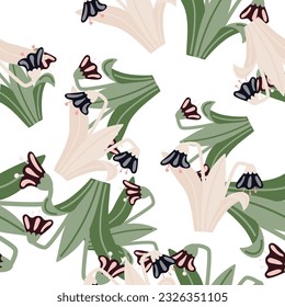 Bluebells y deja un patrón sin fisuras. Papel botánico de Lily. Floral de primavera vintage para impresión textil, papel de envoltura, cubierta. Diseño de jardín de verano. Ilustración del vector