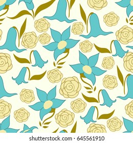 Bluebells and roses. A seamless pattern with white tender roses and elegant bluebells.