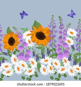 Bluebells,chamomile, foxglove, sunflowers and butterflies on a blue background. Seamless vector illustration. For decoration textile, packaging,wallpaper.