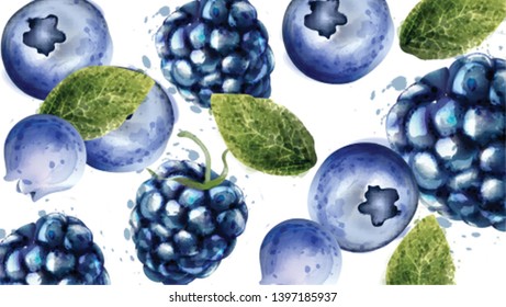 Blueberries background Vector watercolor. Summer delicious fruits cards