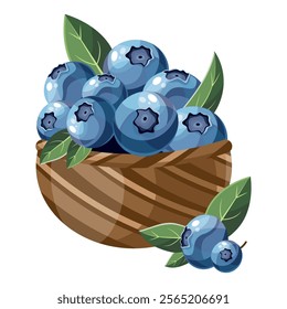 Blueberries in a basket in cartoon style on a white background. Vector illustration. Blueberry Icon fruits vector illustration. Berry design. Fresh, ripe closeup berries composition with green leaves.