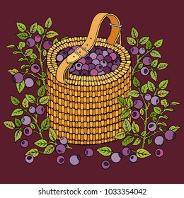 Blueberries in basket. Cartoon vector hand drawn abstract illustration