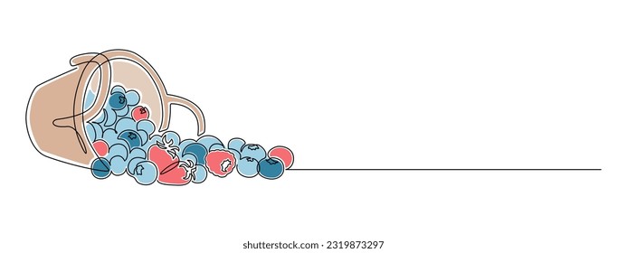 Blueberries and berries in basket in one continuous line drawing. Fruit and strawberries in simple linear style. Label for jam and yogurt banner in editable stroke. Color doodle vector illustration