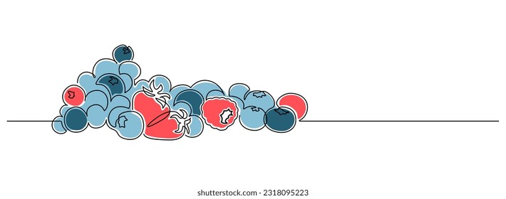 Blueberries and berries in one continuous line drawing. Fruit and strawberries in simple linear style. Label for jam and yogurt banner in editable stroke. Doodle vector illustration