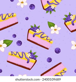 Blueberries and blooming flowers, slice of cake with icing. Fruit cheesecake. Tasty dessert for celebration or special occasion. Seamless pattern print, wallpaper background. Vector in flat style