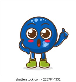 Blueberries character smiles raising hand on a white background