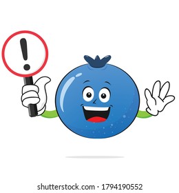 Blueberries character smiles with a warning sign on a white background -vector
