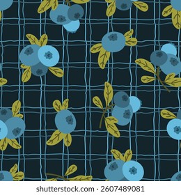 blueberries, blueberries checkered seamless pattern. fresh edible berries, forest berries texture