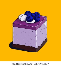 blueberries cheesecake with custard. flat illustration in cartoon style.