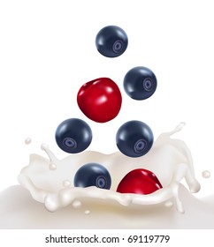 Blueberries and cherries falling into the milk splash. Vector illustration