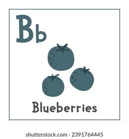 Clíparte de arándanos. Dibujo vectorial Blueberries estilo plano. Las frutas comienzan con la letra B. Alfabeto de fruta. Tarjeta B de la carta de aprendizaje. Educación infantil. Diseño vectorial de arándanos azules